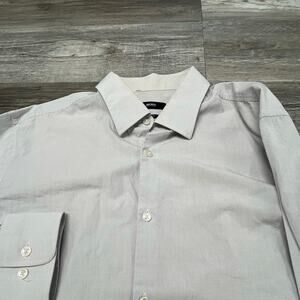 Hugo Boss Sharp Fit White Gray Grid Check Mens L 16.5 Long Sleeve Button‎ Down